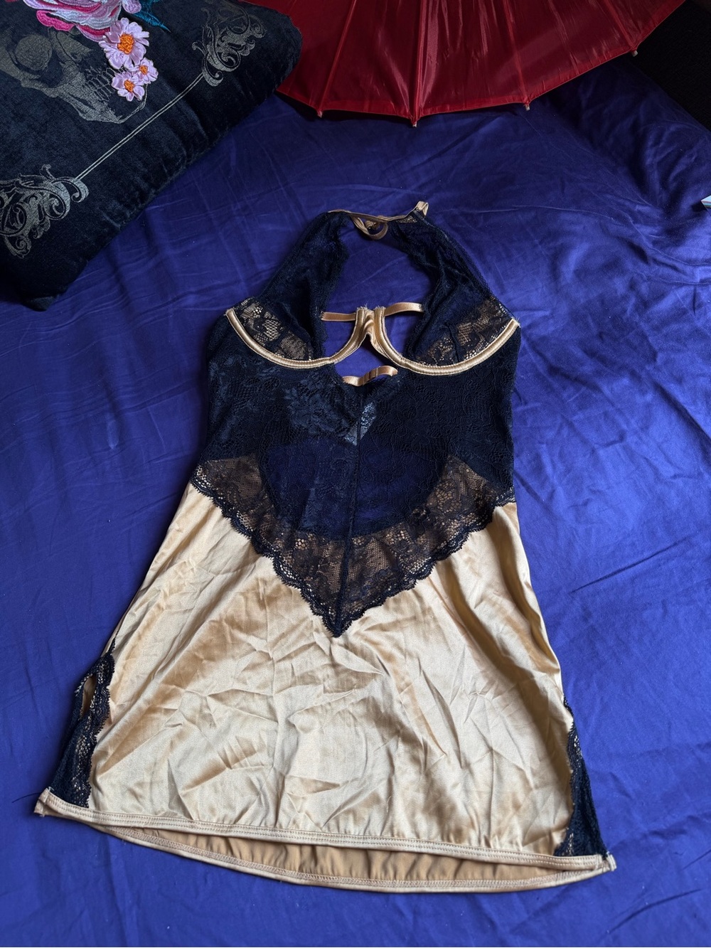 Frederick's of Hollywood Black Lace and Cream Satin Halter Chemise